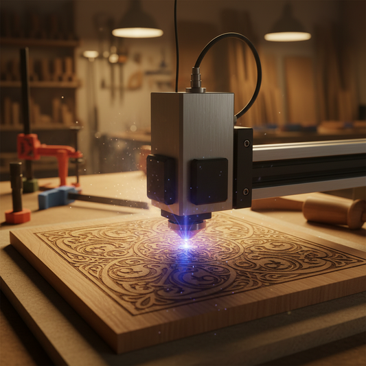 Laser engraving machine creating a custom design on natural wood