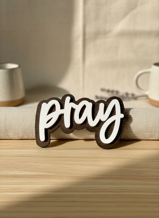 Pray Magnet - 4 Inch Stained Wood with White Paint Laser Engraved Ornaments