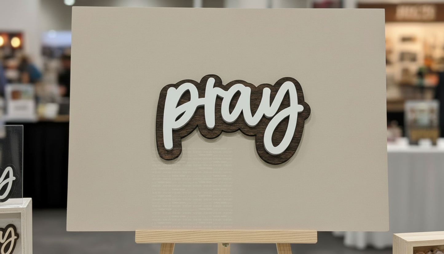 Pray Magnet - 4 Inch Stained Wood with White Paint Laser Engraved Ornaments