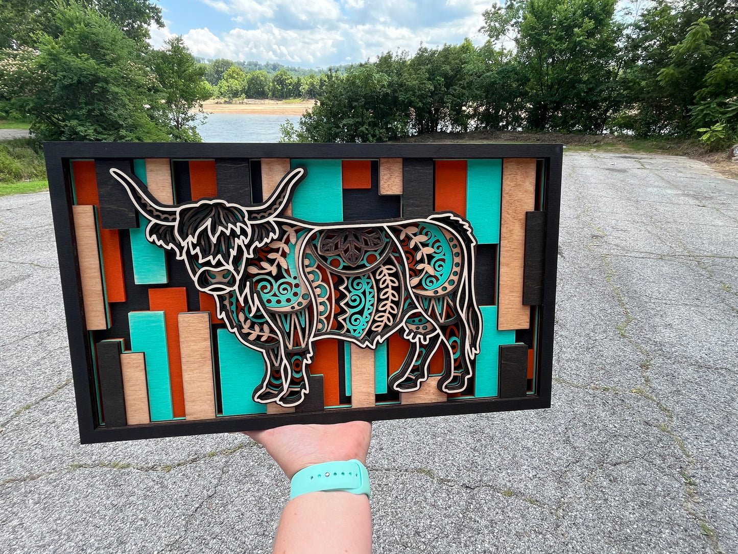 Layered Highland Cow Wall Art – 3D Wood Sign | Mandala Cutout | Farmhouse Decor