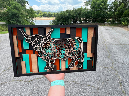 Layered Highland Cow Wall Art – 3D Wood Sign | Mandala Cutout | Farmhouse Decor