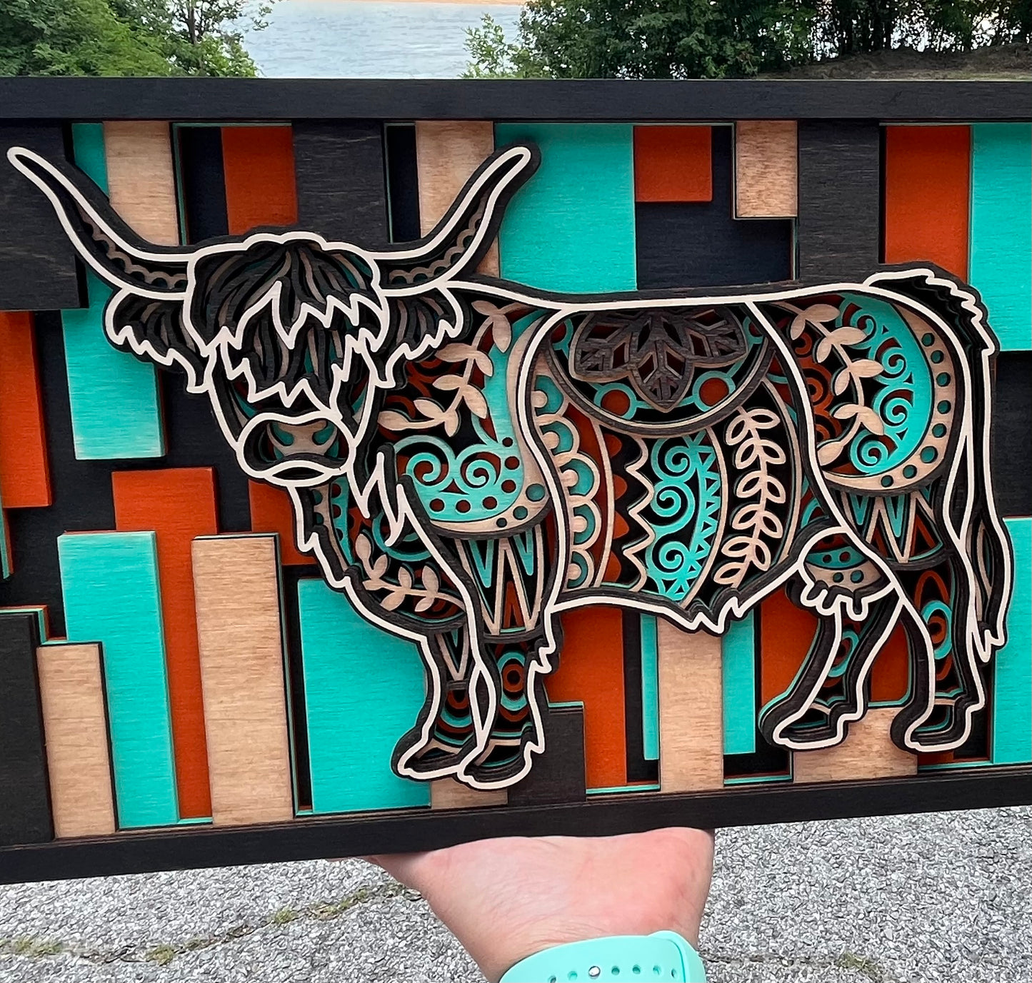 Layered Highland Cow Wall Art – 3D Wood Sign | Mandala Cutout | Farmhouse Decor