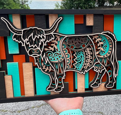 Layered Highland Cow Wall Art – 3D Wood Sign | Mandala Cutout | Farmhouse Decor