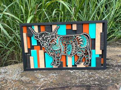 Layered Highland Cow Wall Art – 3D Wood Sign | Mandala Cutout | Farmhouse Decor