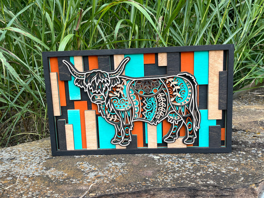 Layered Highland Cow Wall Art – 3D Wood Sign | Mandala Cutout | Farmhouse Decor