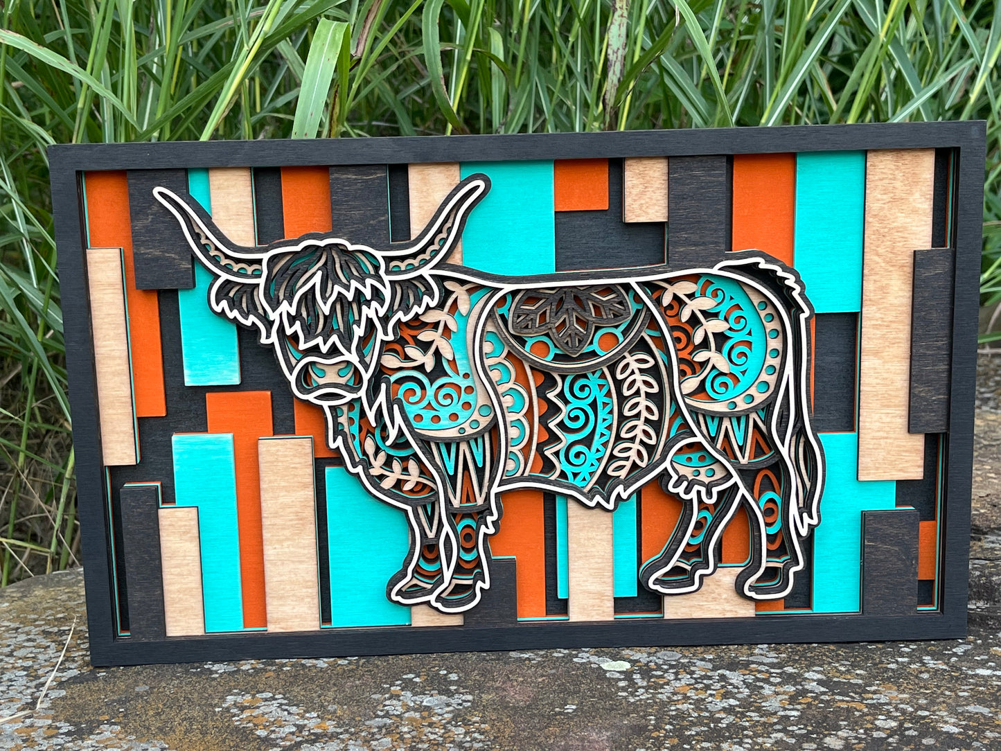 Layered Highland Cow Wall Art – 3D Wood Sign | Mandala Cutout | Farmhouse Decor