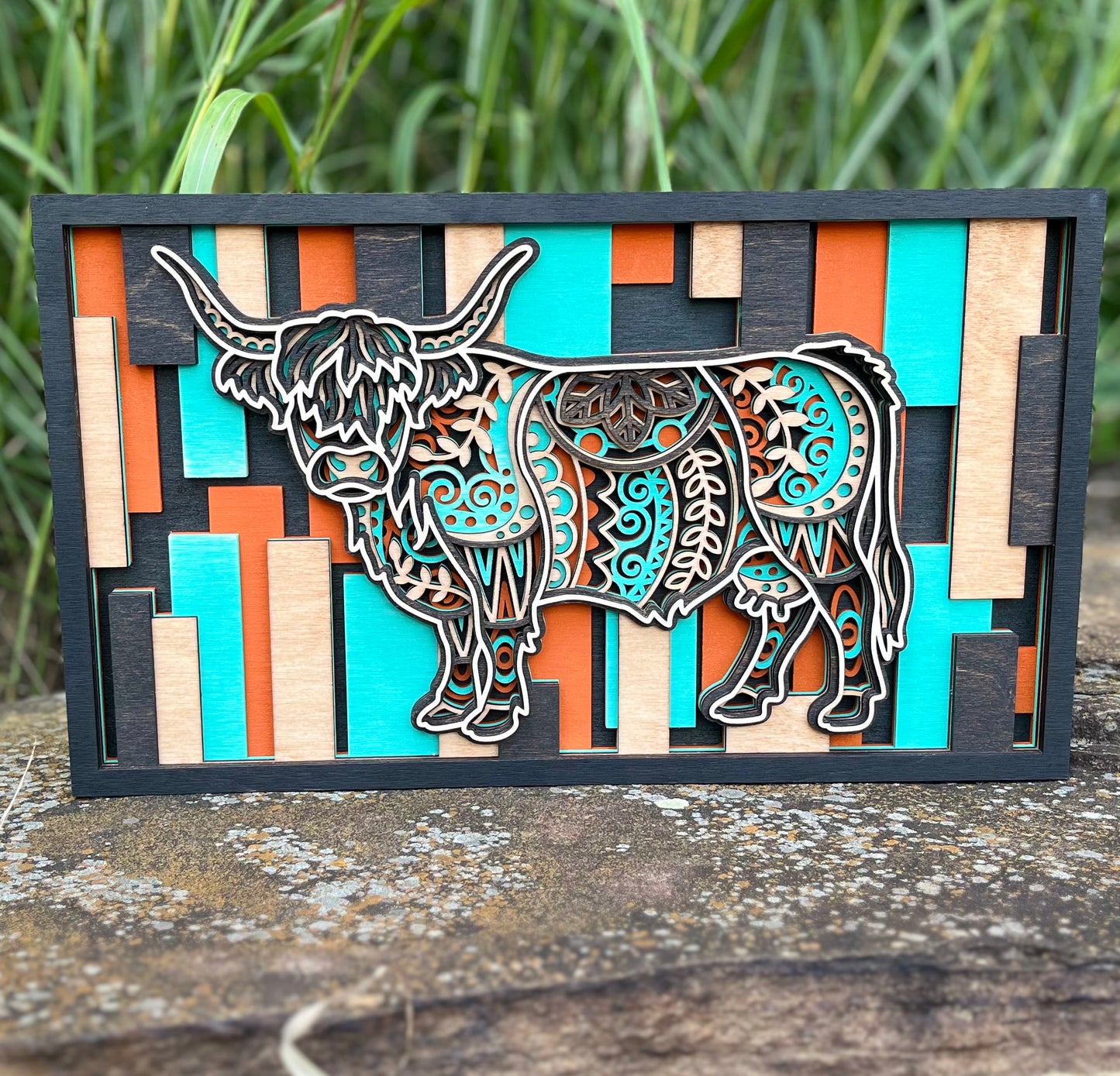 Layered Highland Cow Wall Art – 3D Wood Sign | Mandala Cutout | Farmhouse Decor