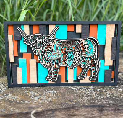 Layered Highland Cow Wall Art – 3D Wood Sign | Mandala Cutout | Farmhouse Decor
