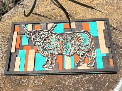 Layered Highland Cow Wall Art – 3D Wood Sign | Mandala Cutout | Farmhouse Decor
