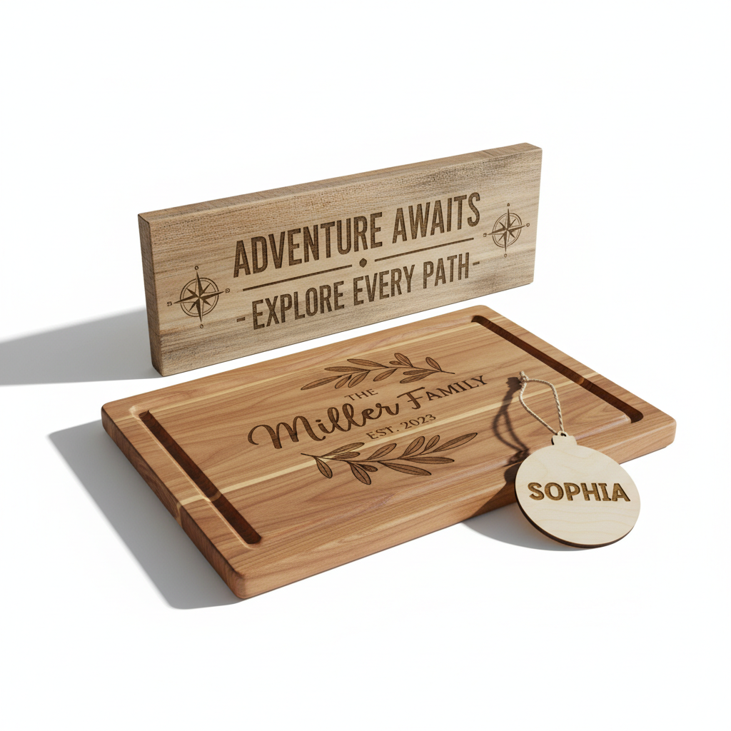 Collection of custom laser engraved wooden gifts on white background