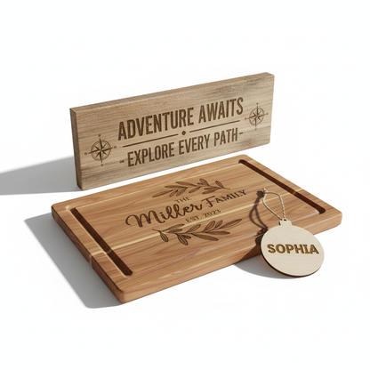Collection of custom laser engraved wooden gifts on white background