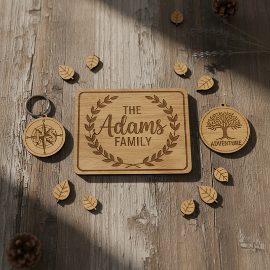 Custom laser engraved wooden items including personalized signs and keychains