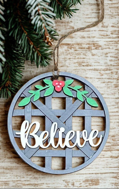 Laser Engraved ’Believe’ Christmas Ornament - Farmhouse Style Ornaments