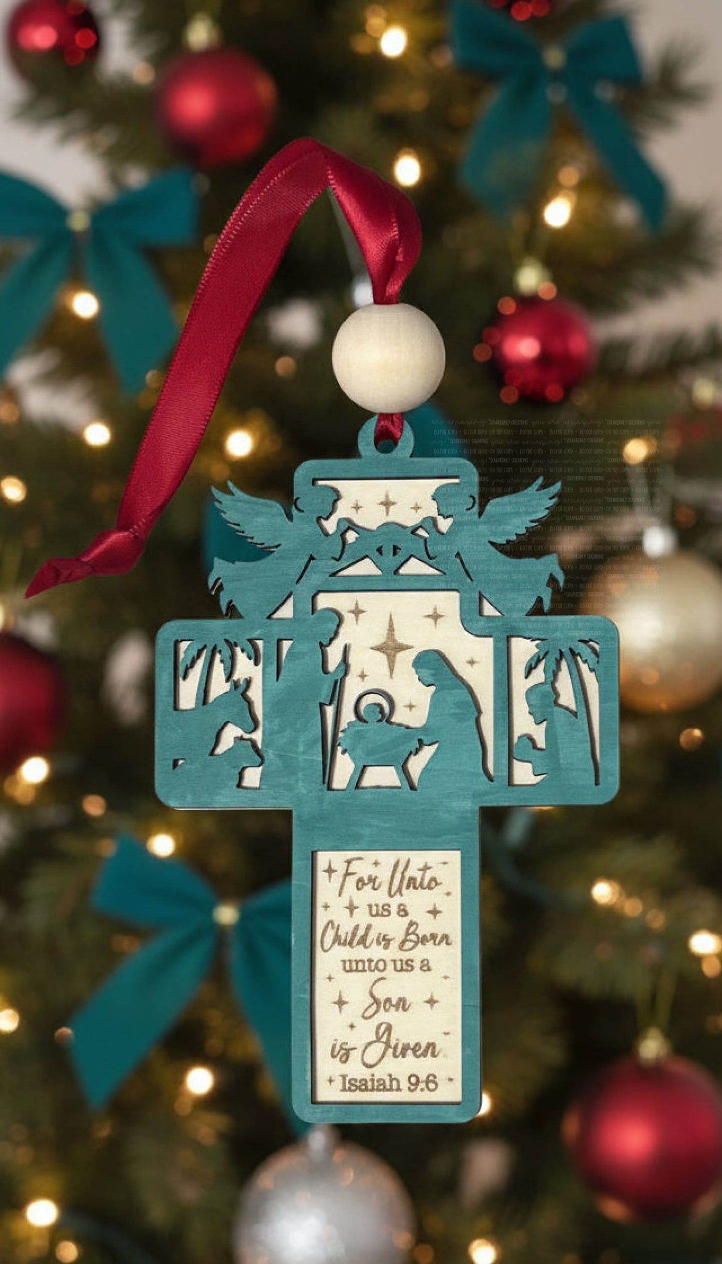 Laser Engraved Nativity Cross Ornament - Isaiah 9:6 - Teal Ornaments