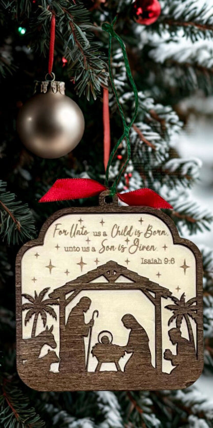 Laser Engraved Nativity Ornament - ’For Unto Us a Child is Born’ Isaiah 9:6 Ornaments