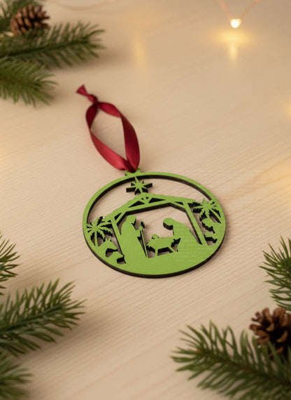 Laser Engraved Round Nativity Ornament - Green Ornaments