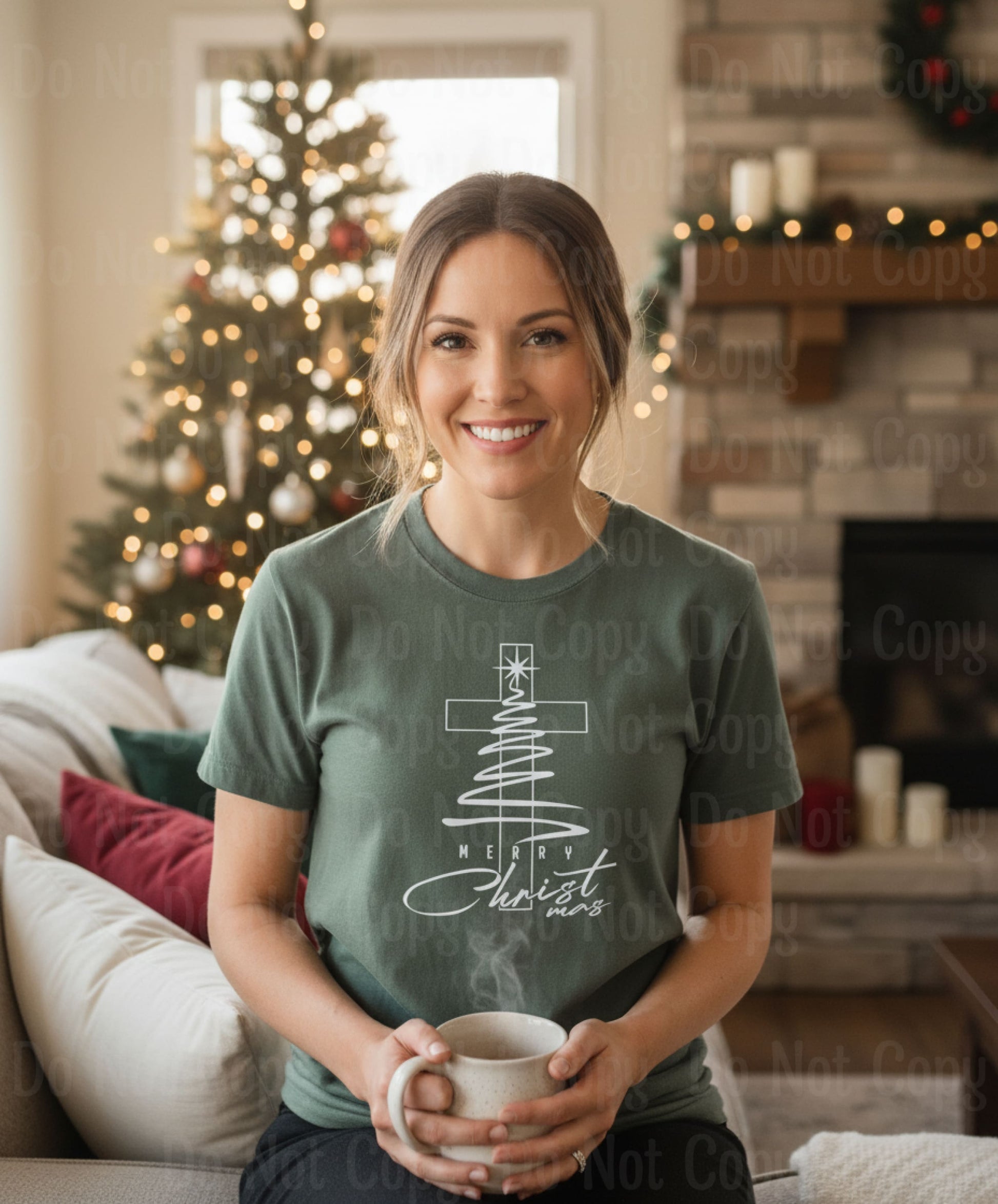 Merry Christmas Tree T-Shirt - Comfort Colors Moss T-Shirt