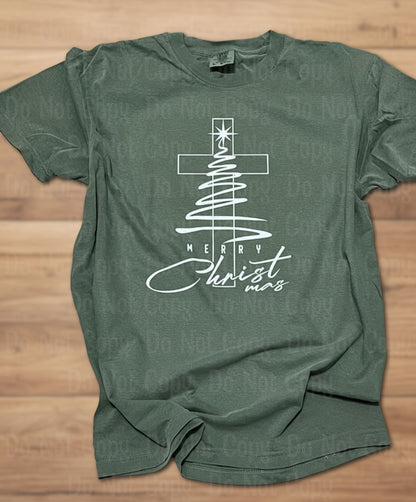 Merry Christmas Tree T-Shirt - Comfort Colors Moss T-Shirt