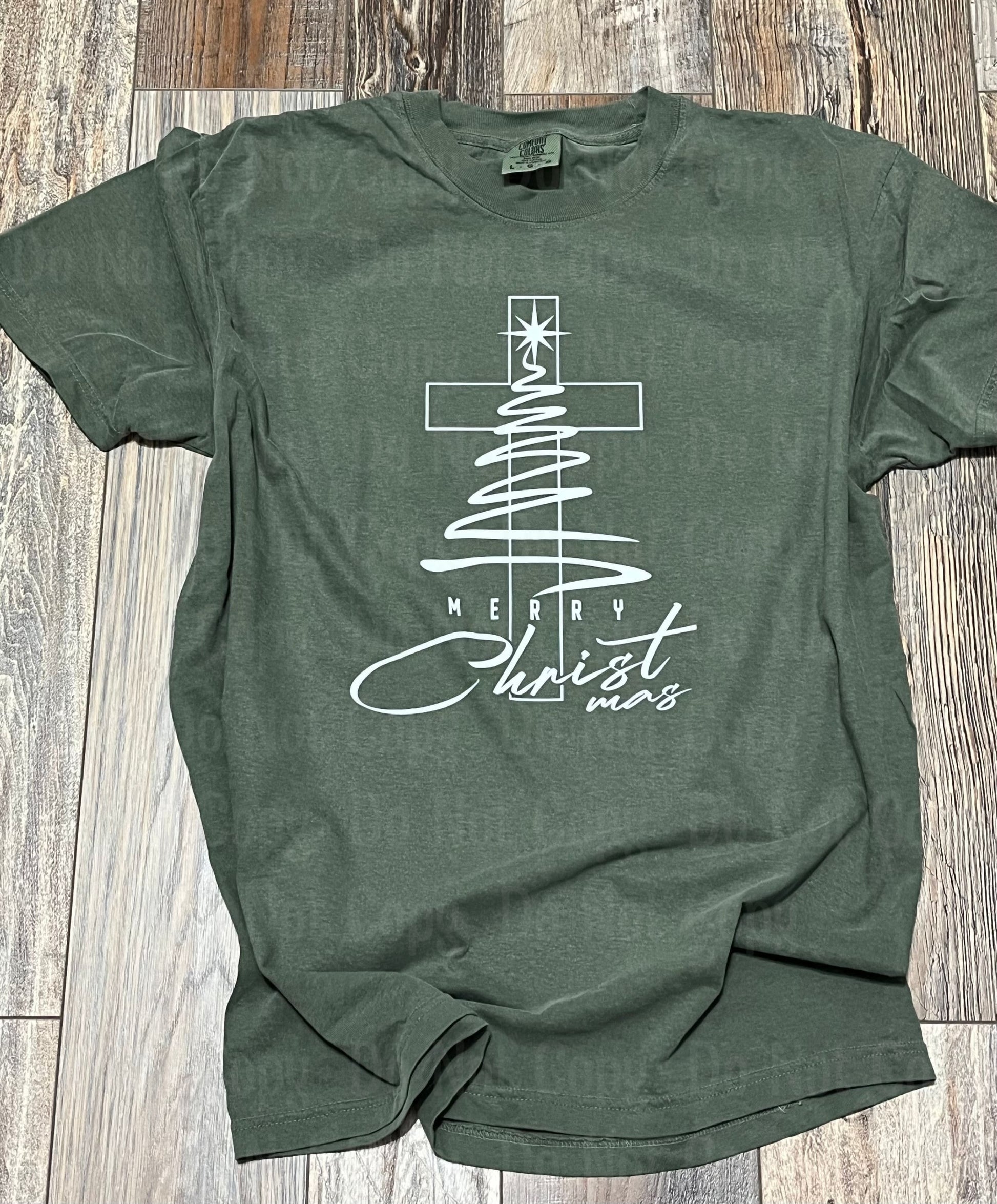 Merry Christmas Tree T-Shirt - Comfort Colors Moss T-Shirt