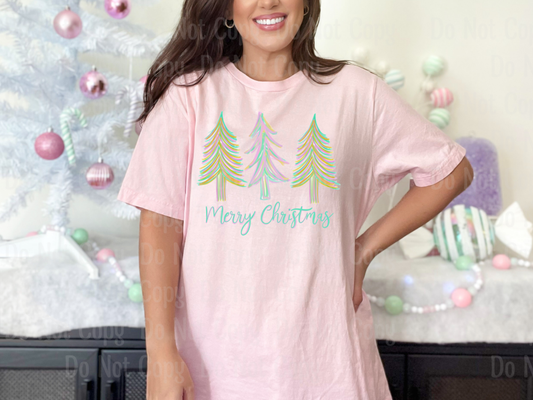 Merry Christmas Pink Pastel Tree Dtf Transfers