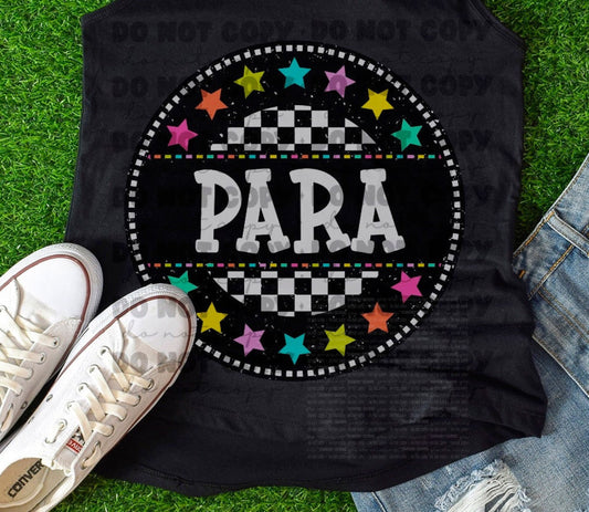 Black tank top with 'PARA' design on grass, accompanied by white sneakers and denim shorts.