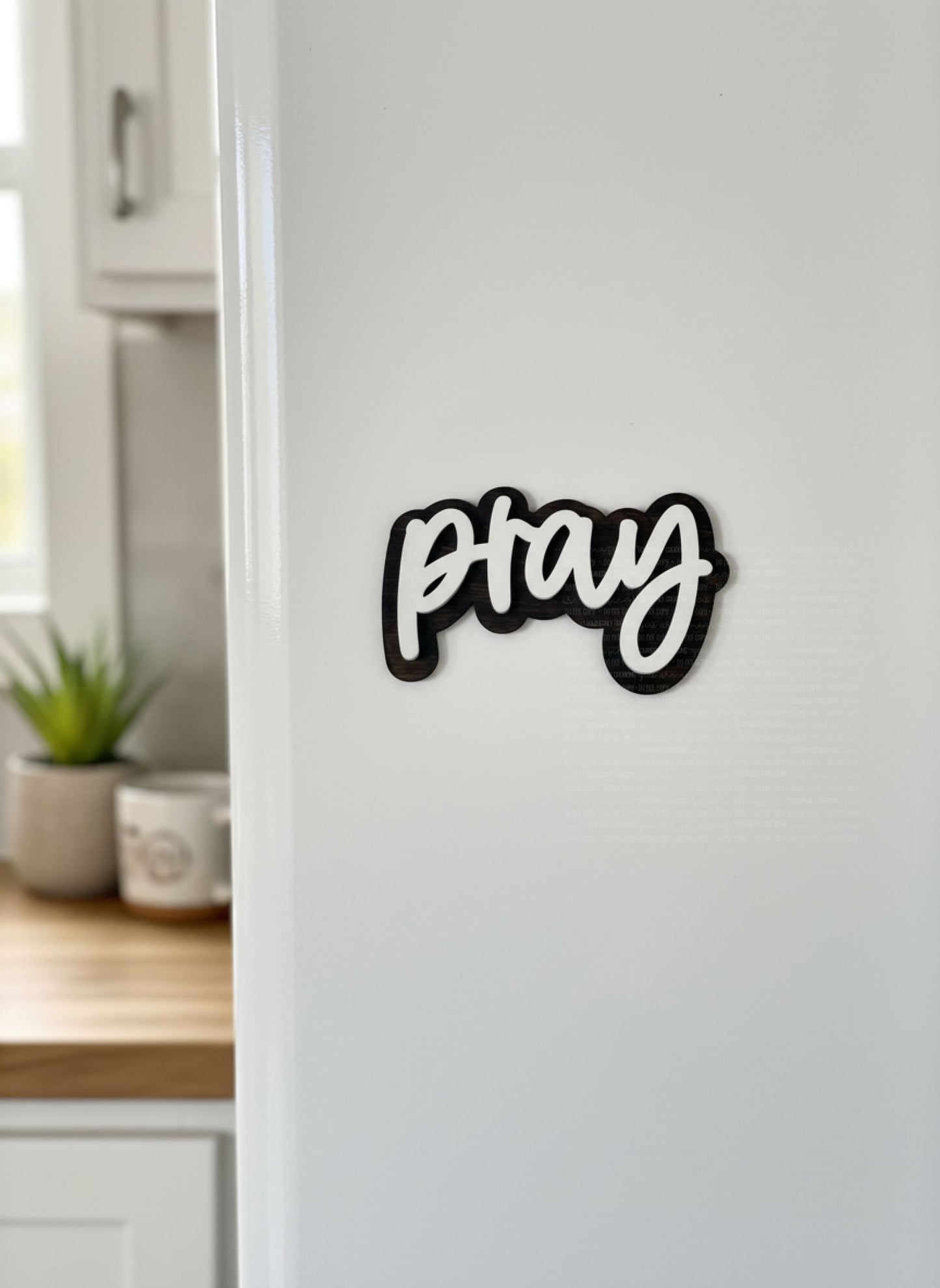 Pray Magnet - 4 Inch Stained Wood with White Paint Laser Engraved Ornaments