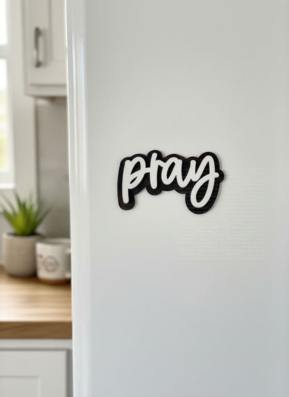 Pray Magnet - 4 Inch Stained Wood with White Paint Laser Engraved Ornaments