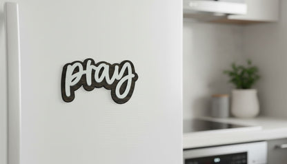 Pray Magnet - 4 Inch Stained Wood with White Paint Laser Engraved Ornaments